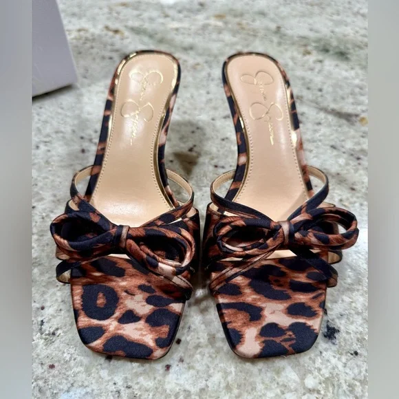 Jessica Simpson Leopard Print Bow Kitten Heel Sandals - NEW - Picture 1 of 12